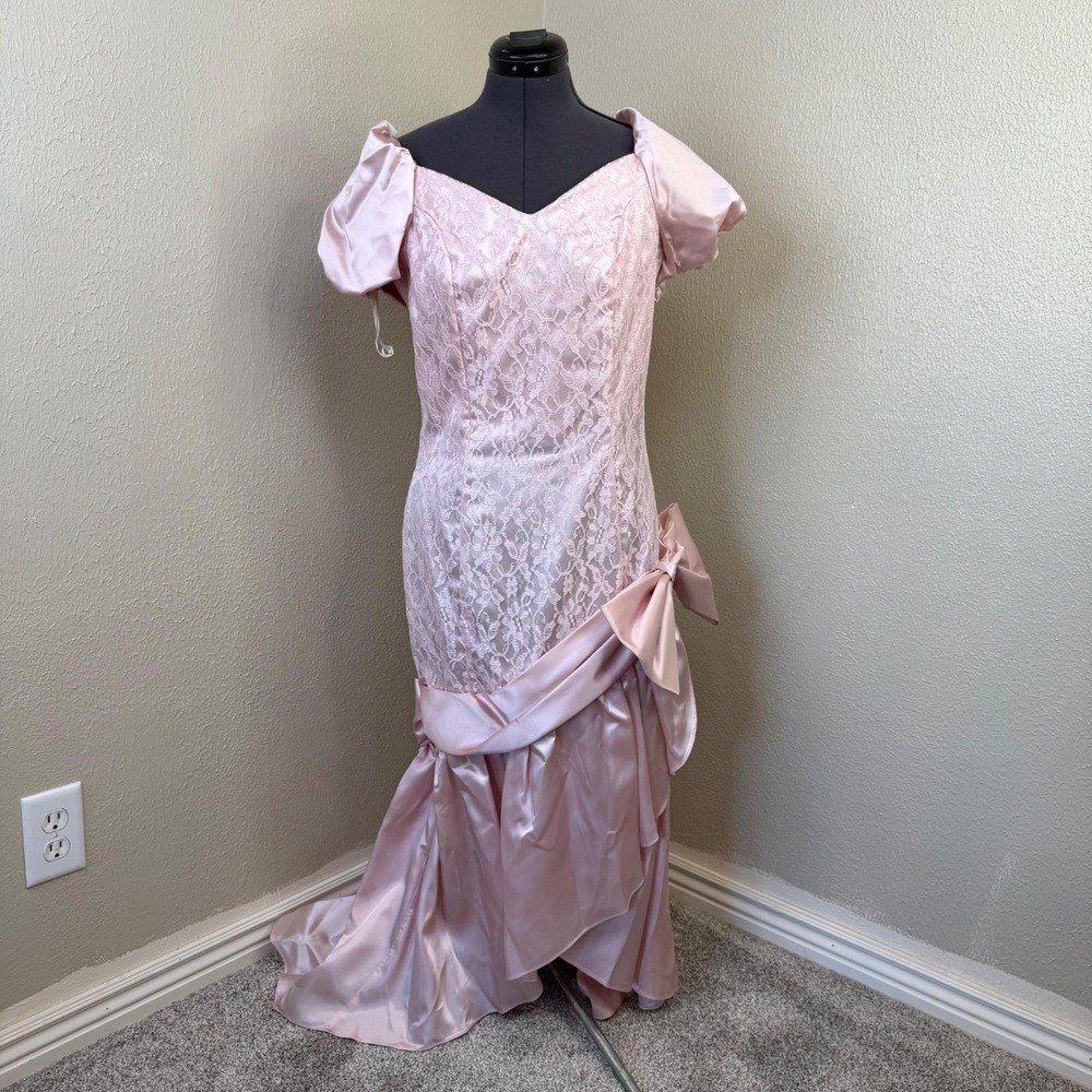 Vintage 80s Pink Lace Satin Prom Dress Off Shoulder Puff Sleeve Bow Gown Formal